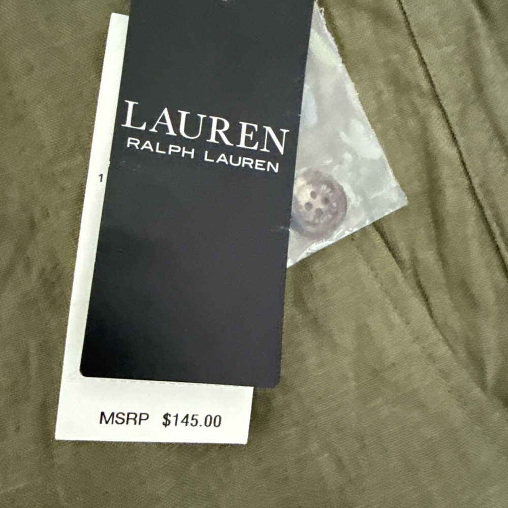 Ralph Lauren 100% Linen Pants Women's Size 16 Green Cargo Pocket Buckle Pleat - Picture 2 of 7